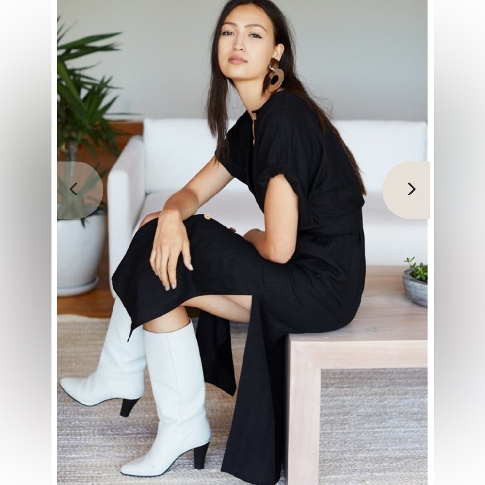 Emerson Fry Desert Midi Dress Black Short Sleeve Full Button Front Linen Blend - Picture 2 of 14
